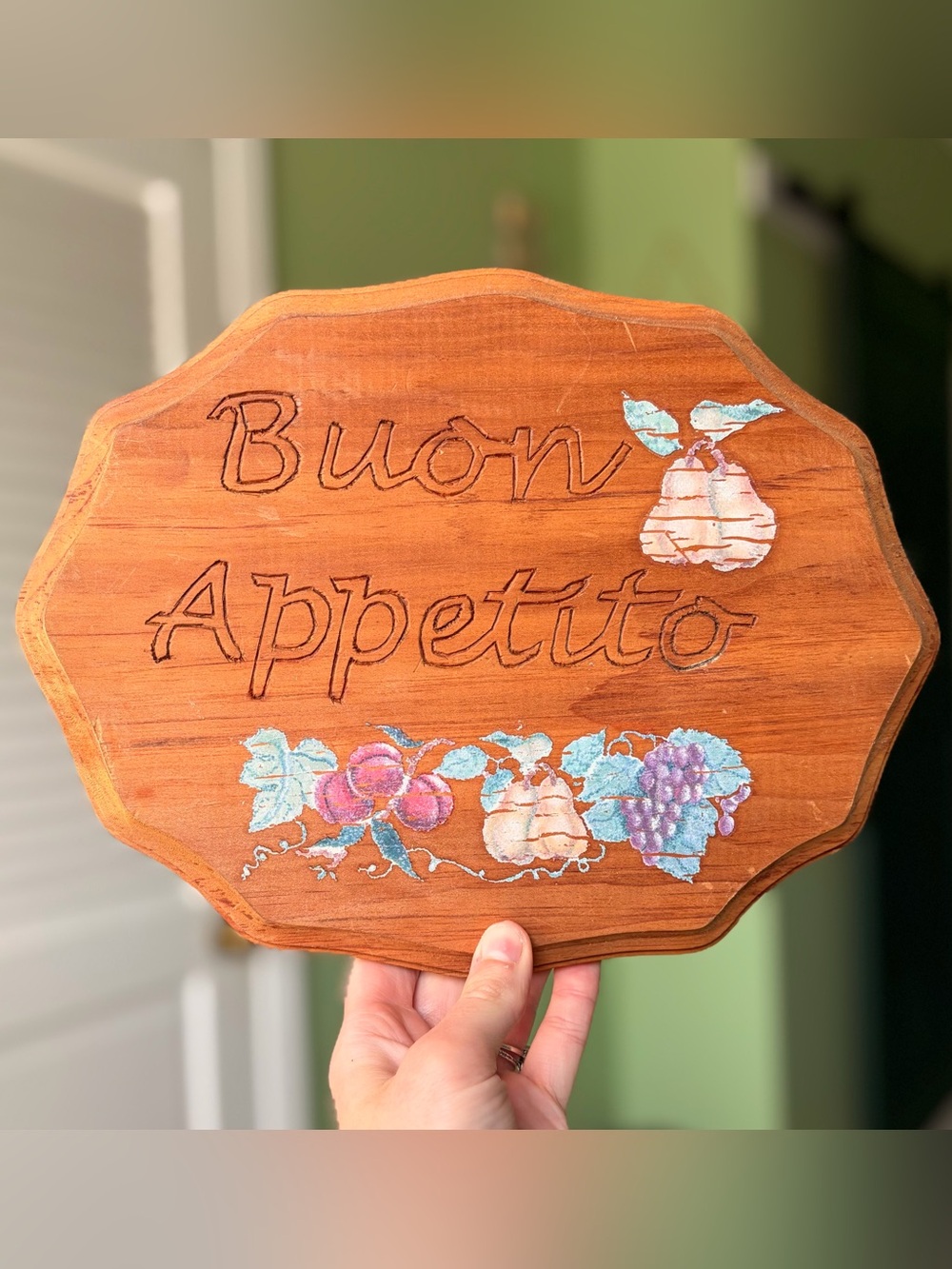 Vintage Italian Buon Appetito Wooden Wall Plaque with Fruit Artwork